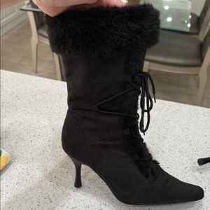 New Elegant Black Fur-Trimmed Suede Women's Boots